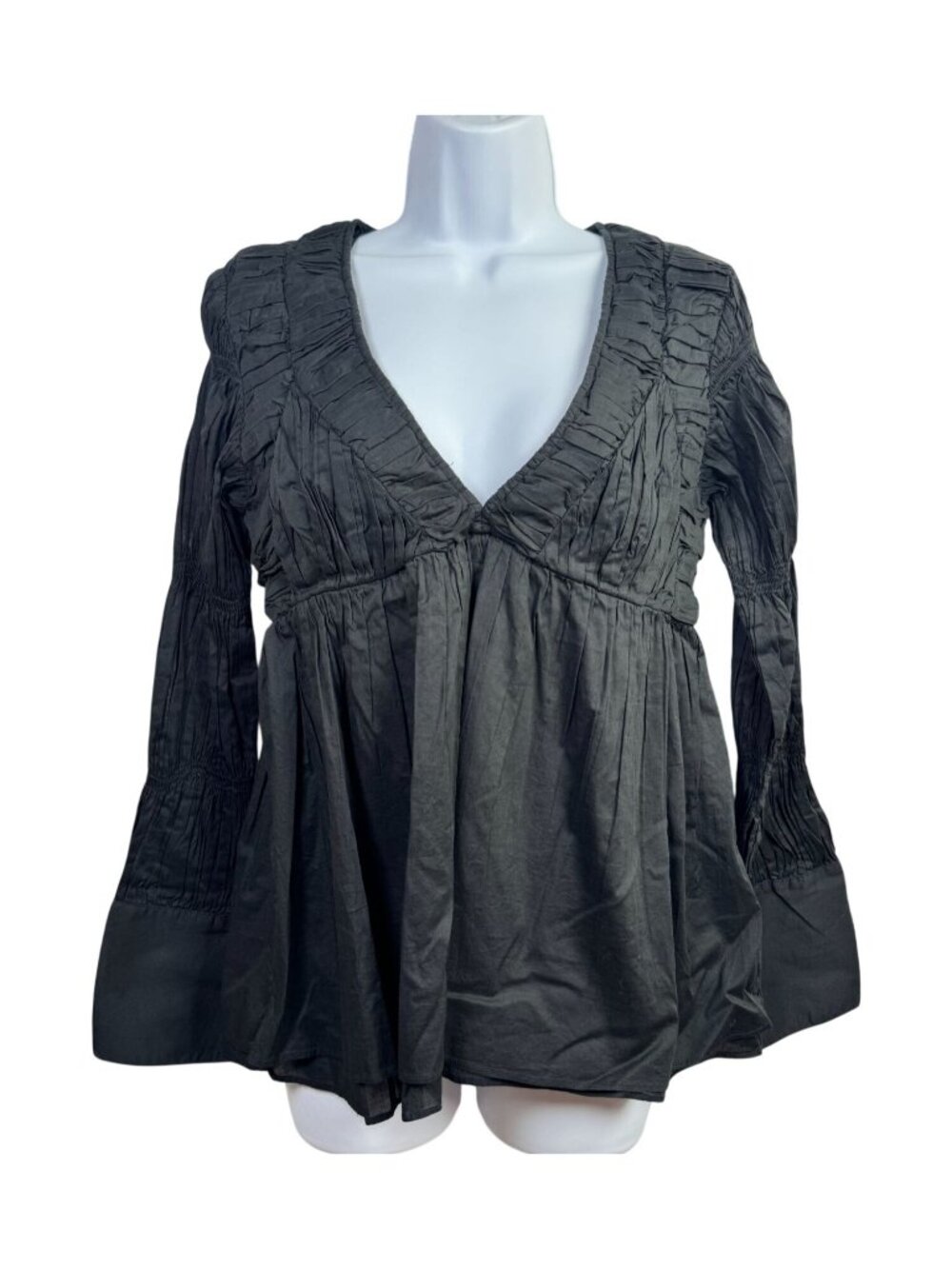 Zara Black Long Sleeve V-Neck Ruched Empire Waist Blouse Top Size Small Grunge G